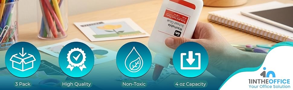 School Glue, White Glue, 4 oz./ 118 ml, Washable, Non-Toxic, 3 Pack