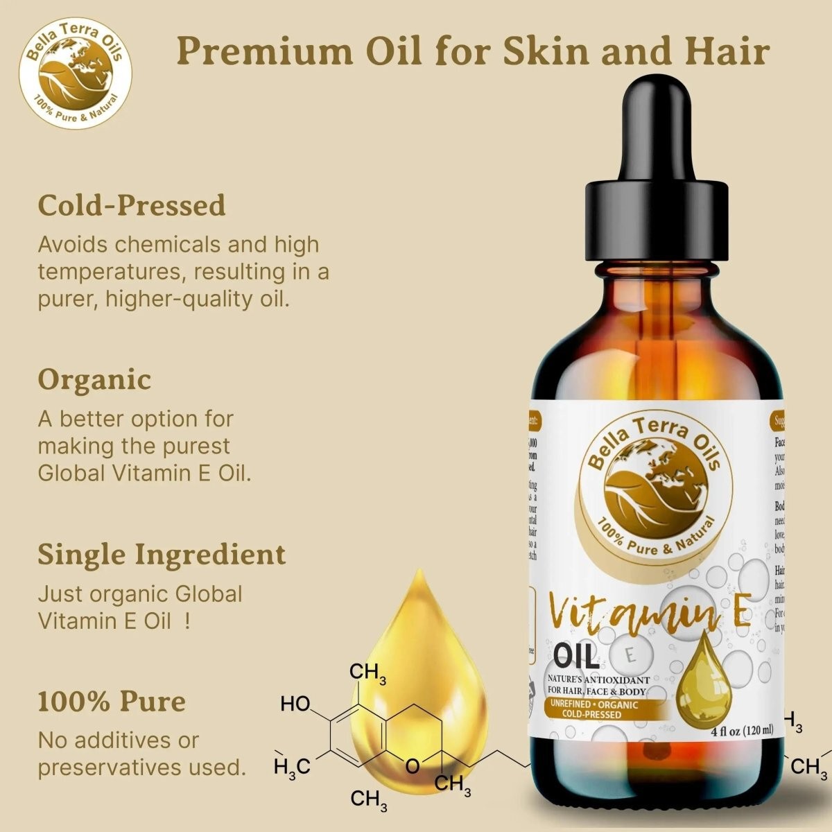 Natural Vitamin E Oil 100% Pure Skin Hair Face Anti-Aging Moisturizer