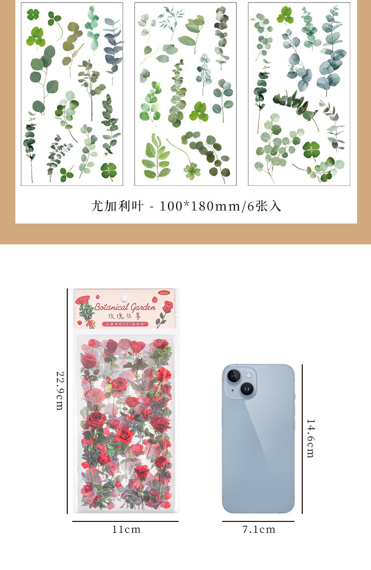 6Pcs Natural Journal Stickers PET Sticker Paper Scrapbooking Material Scrapbook