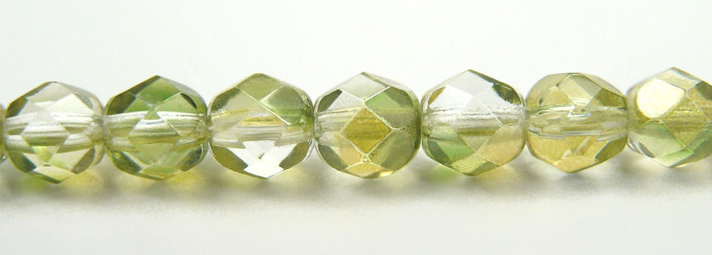 Czech Fire Polished Round Faceted Beads in Crystal Limette coated, 16″ strand