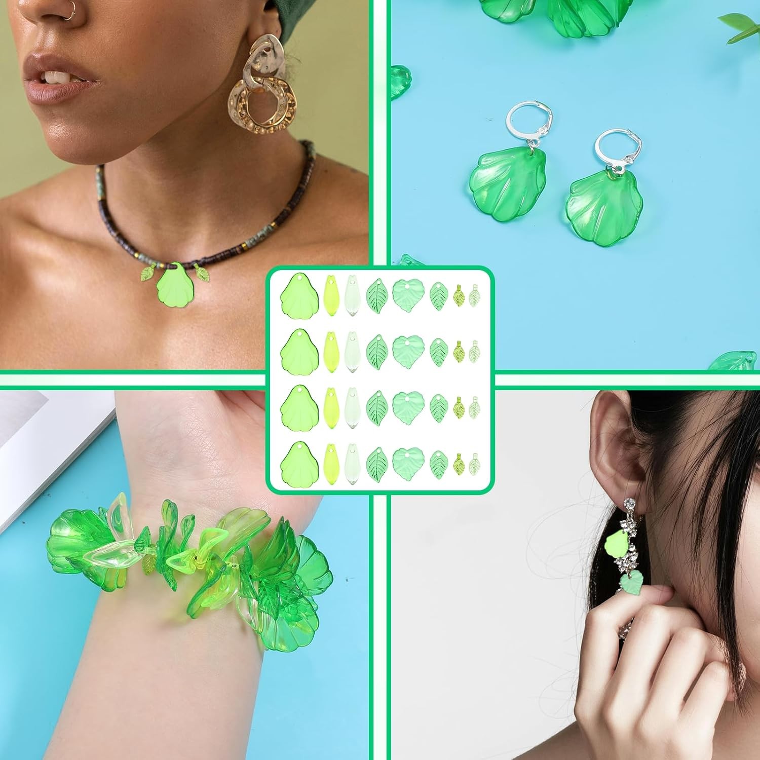 320pc Green Acrylic Leaf Beads Transparent Charms Jewelry Making DIY Earring 320