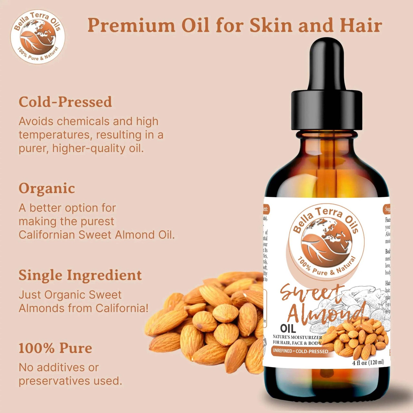 Organic Pure Sweet Almond Oil – 2oz | Premium Cold-Pressed Oil for Skin, Hair &