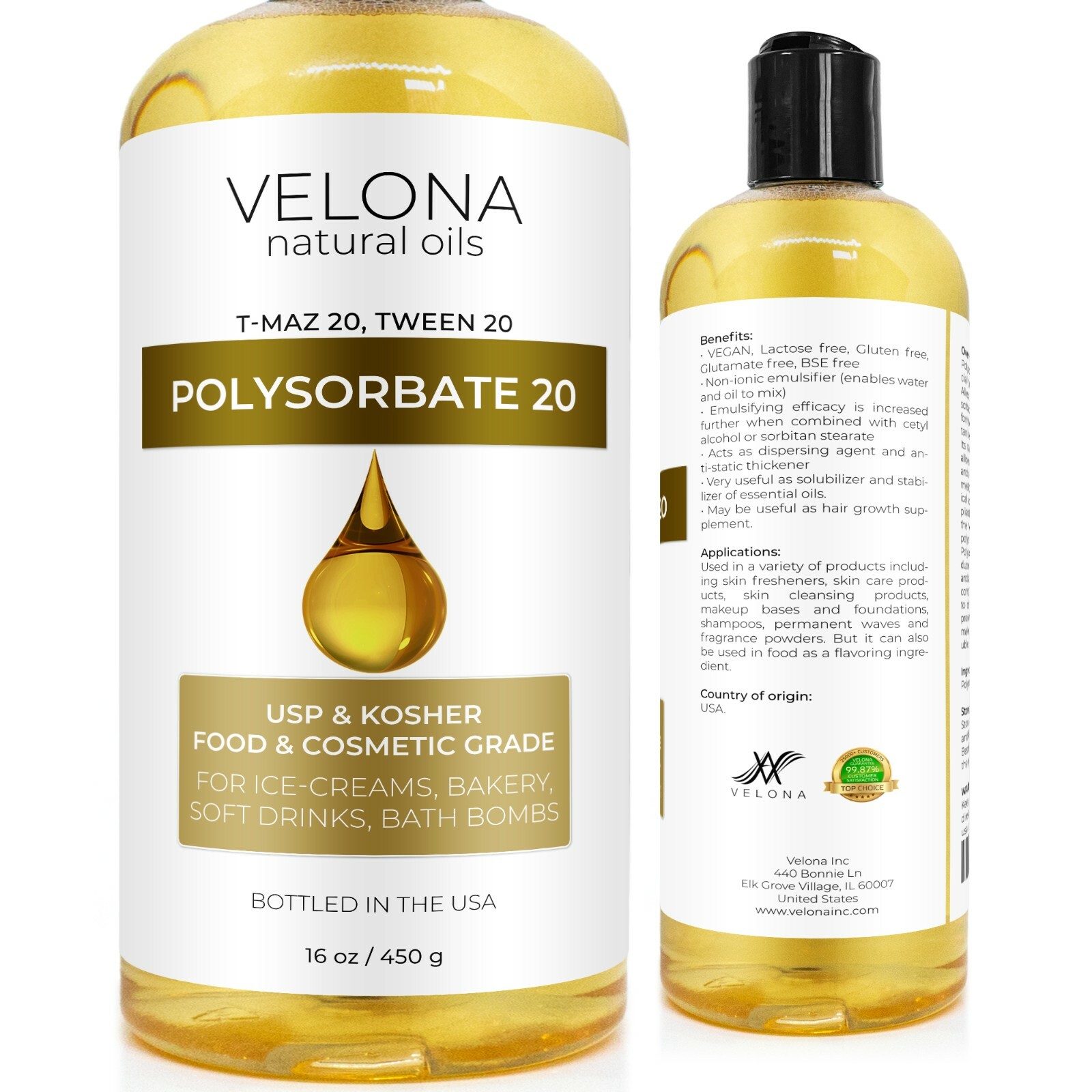 Polysorbate 20 by Velona – 16 oz Solubilizer, Food Cosmetic Grade Cooking, Bath