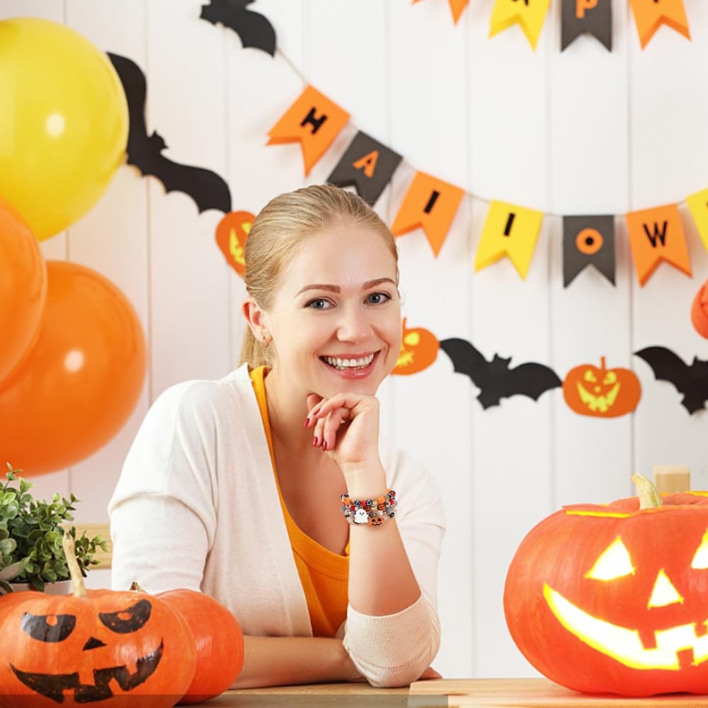 Halloween Bracelet Set Stack Spooky BOO Vinyl Disc Bead Artificial Crystal – 01