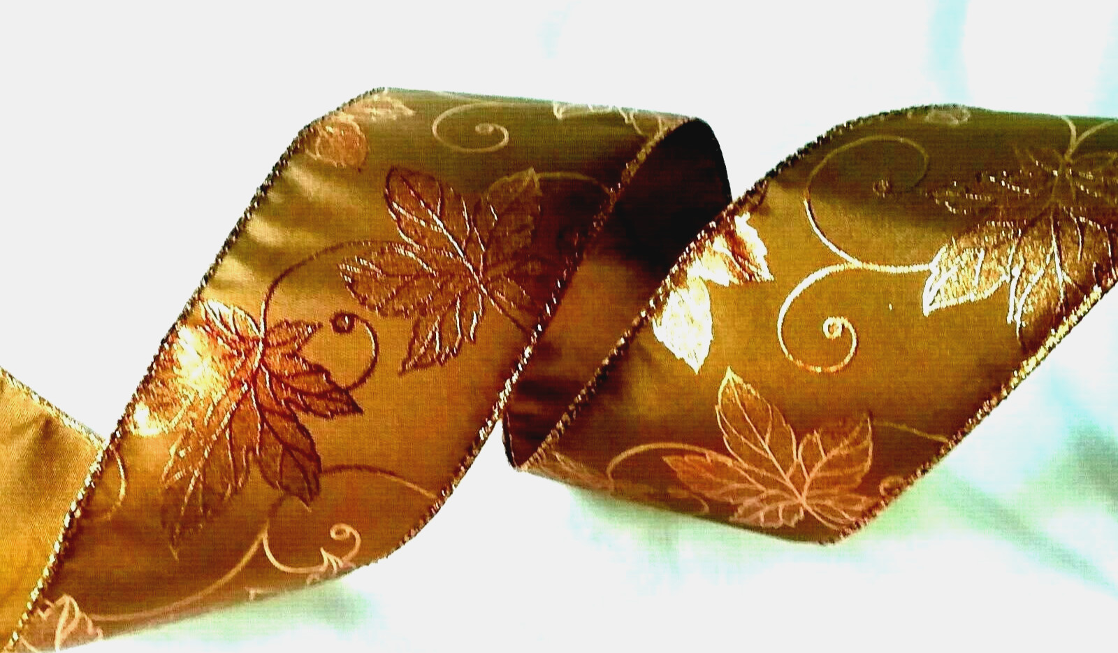 Fall Copper Metallic Leaves 2.5″ by 5 yd Wired Ribbon Satin Kirkland Elegance