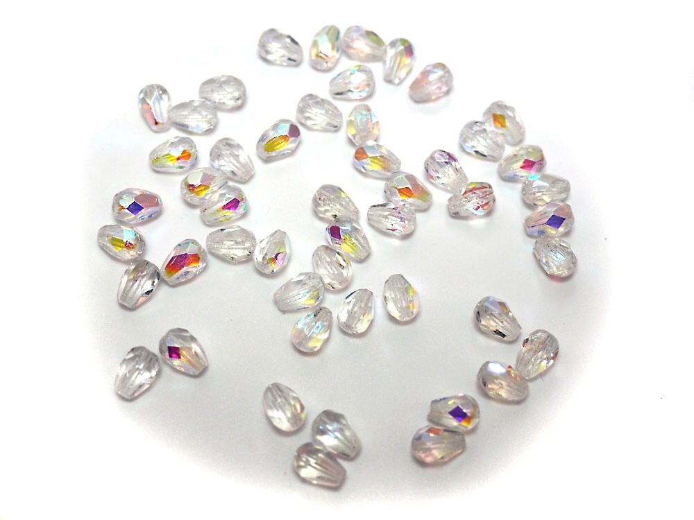 Czech Glass Pear Shaped Fire Polished Beads 8x6mm Crystal AB Tear Drops, 50 pcs