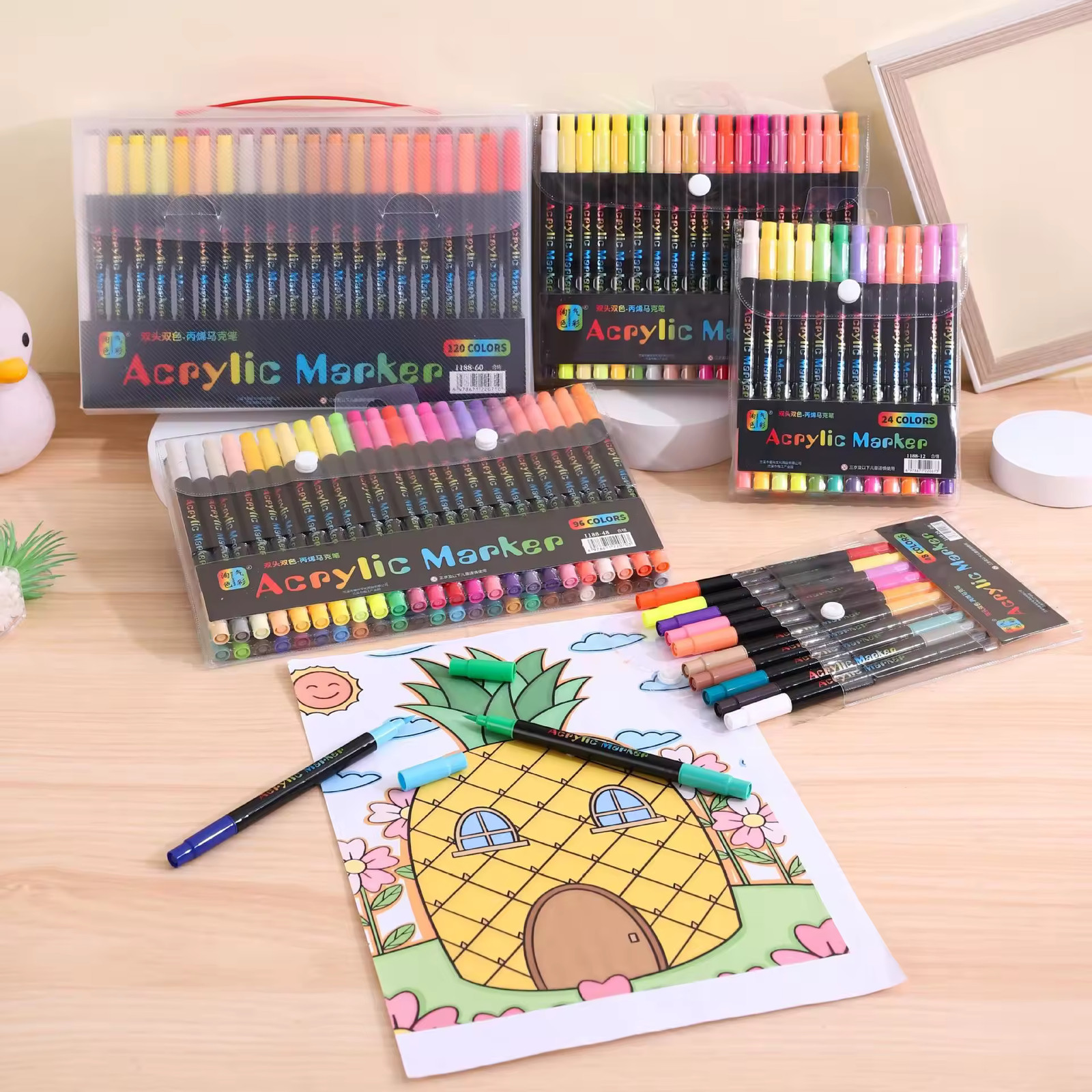 120 Color Acrylic Paint Markers Dual Tip Brush Fine Pens Art Set