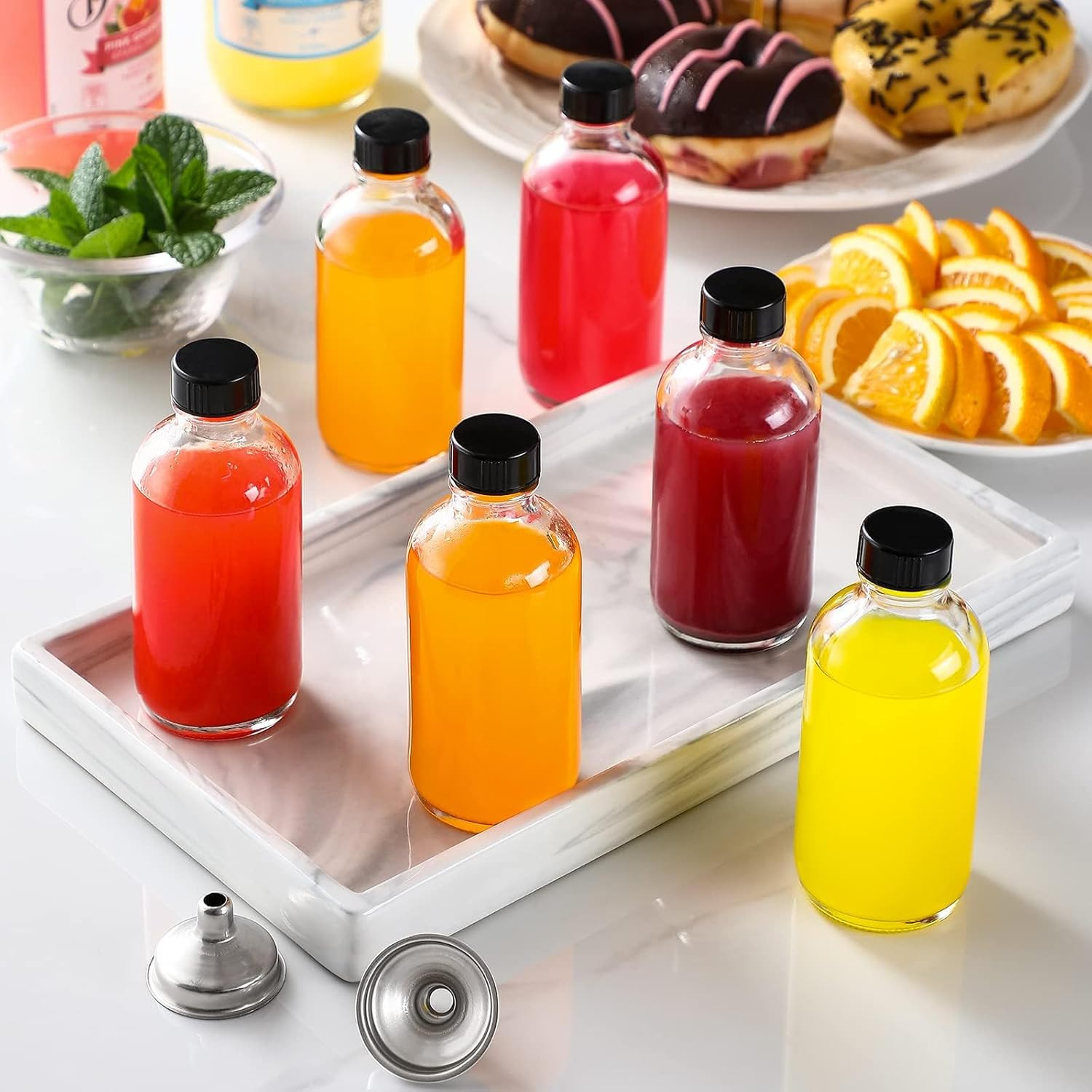 10 Pack, 4 Oz Small Clear Glass Bottles W/Lids & 3 Stainless Steel Funnel – 120M