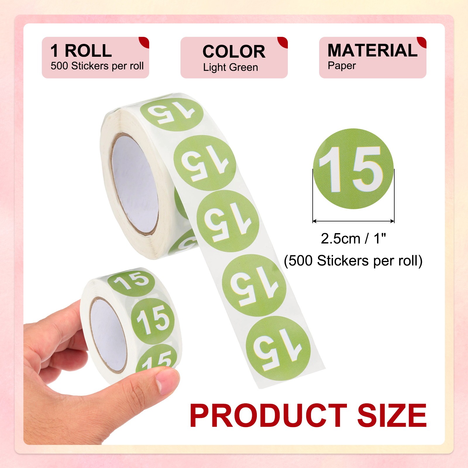 Number 15 Stickers 1″ Round Coded Self-Adhesive Labels Light Green 500Pcs/Roll