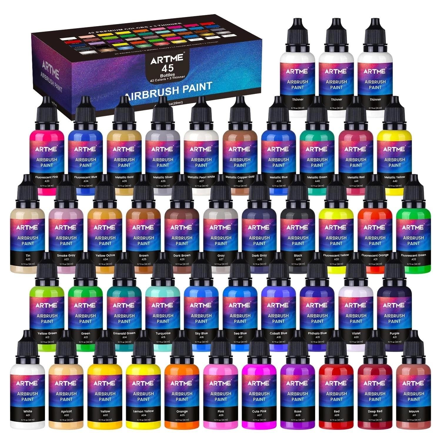 42 Color Acrylic Airbrush Paint Set with Thinners – Opaque, Metallic, Neon