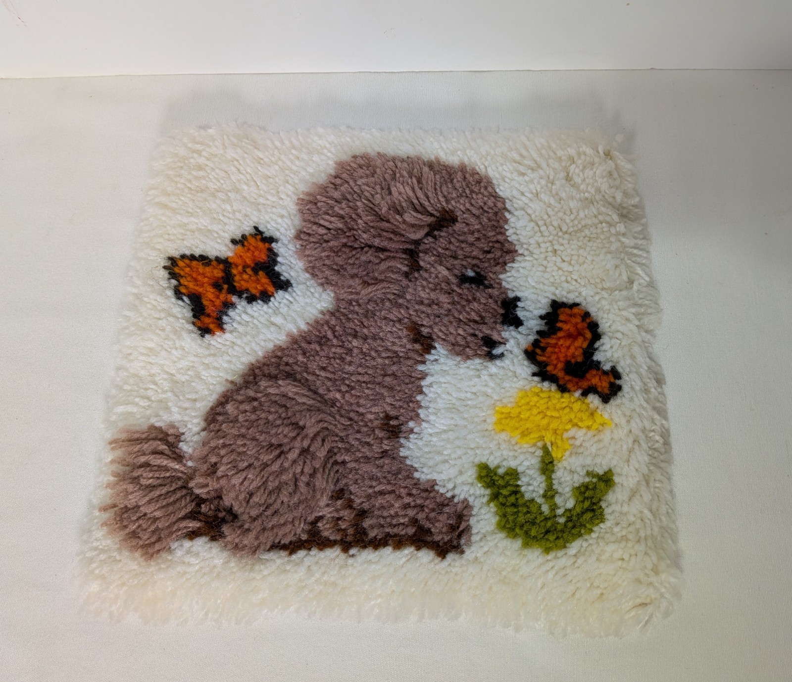 Two Vintage 1980s Latch Hook 12″ Squares – Puppy w/Butterflies & Rabbit w/Carrot