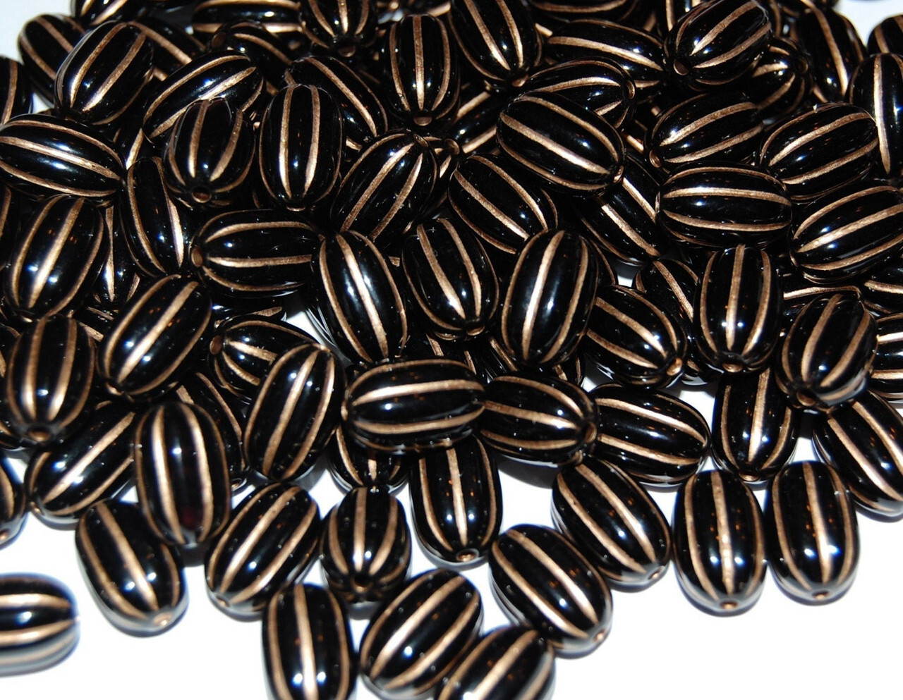 Acrylic Black and Gold Oval Ribbed Melon Beads bds465A