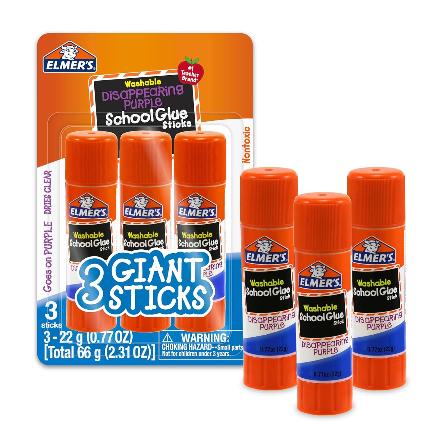 Elmer’s Disappearing Purple Glue Sticks 3 Pack Washable School Craft Glue
