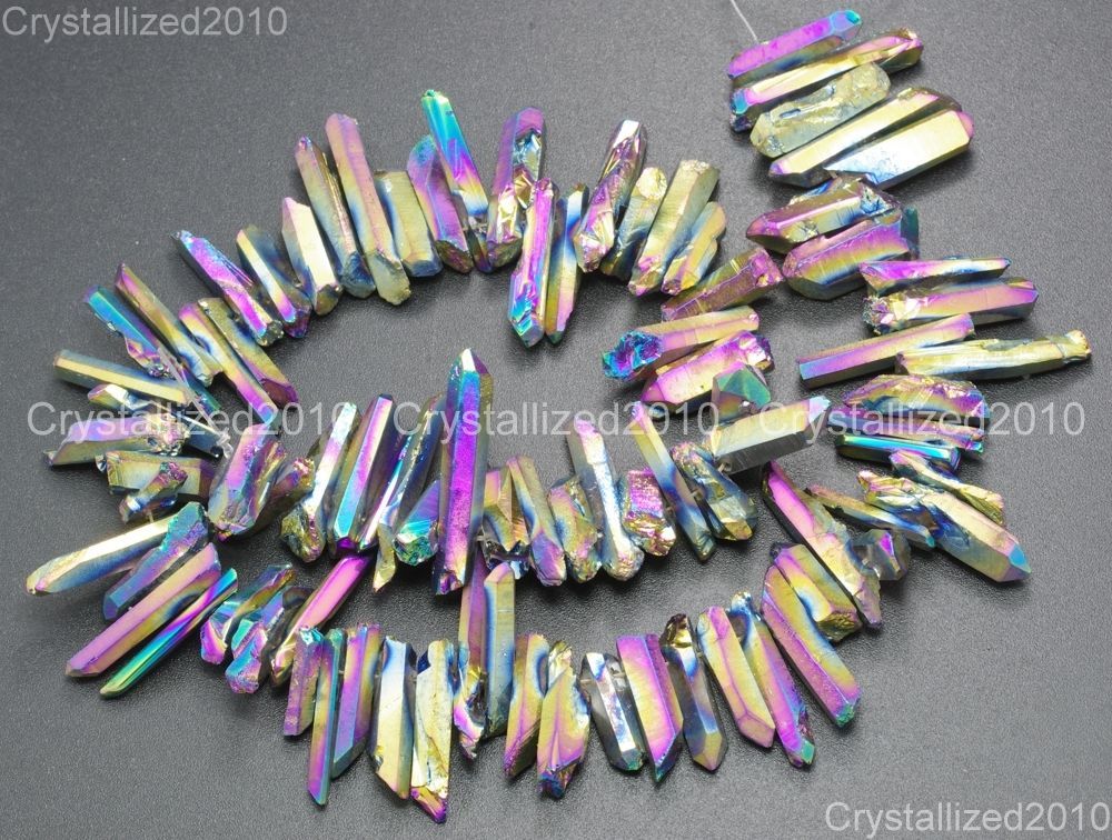 Metallic Titanium Coated Natural Quartz Crystal Stick Spike Pointed Beads 16”