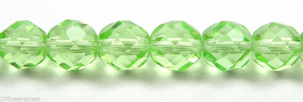 Czech Fire Polished Round Faceted Beads in Chrysolite color, 16” strand,lt.green