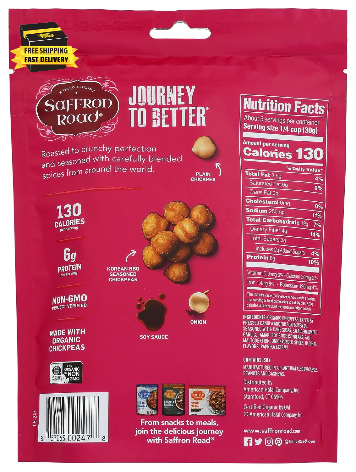 Saffron Road Korean BBQ Crunchy Chickpea Snack, 6Oz – Gluten Free, Non-Gmo, Hala