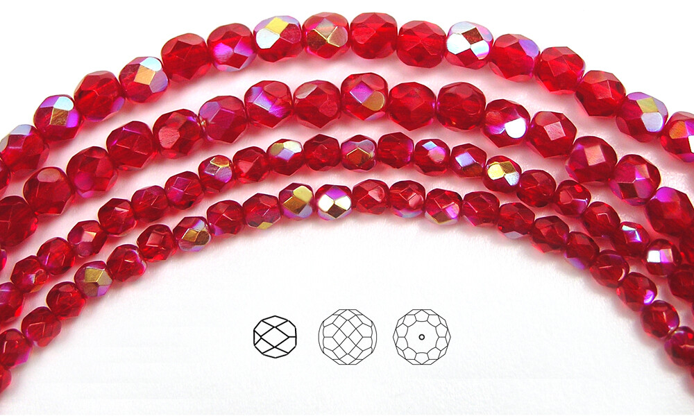 Czech Fire Polished Round Faceted Glass Beads in Light Siam AB coated, light red