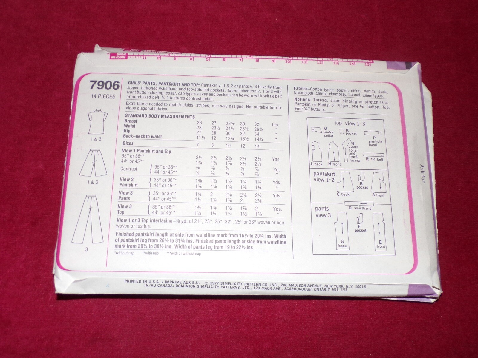 🌸 UNCIRCULATED 1977 SIMPLICITY #7906 – GIRLS PANTSKIRT-TOP-PANT PATTERN 7-12 FF