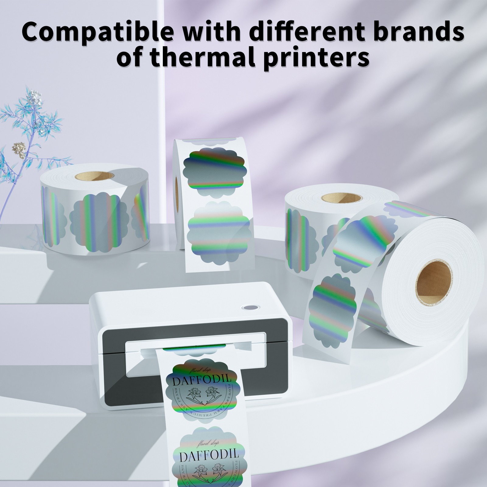 400PCS Holographic Thermal Labels 2″ Flower Thanks Stickers for Logo Design Tag