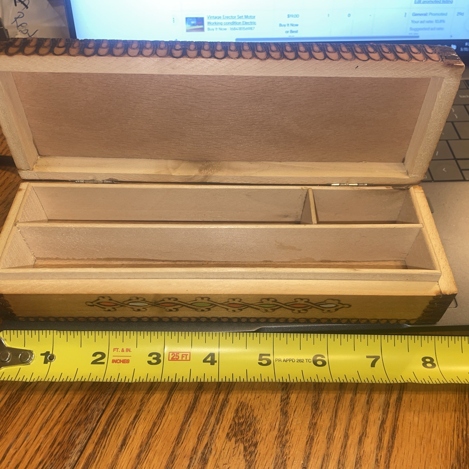 Vtg Wooden Pyrography Pencil Trinket Box Hand Painted & Burned Made in Bulgaria