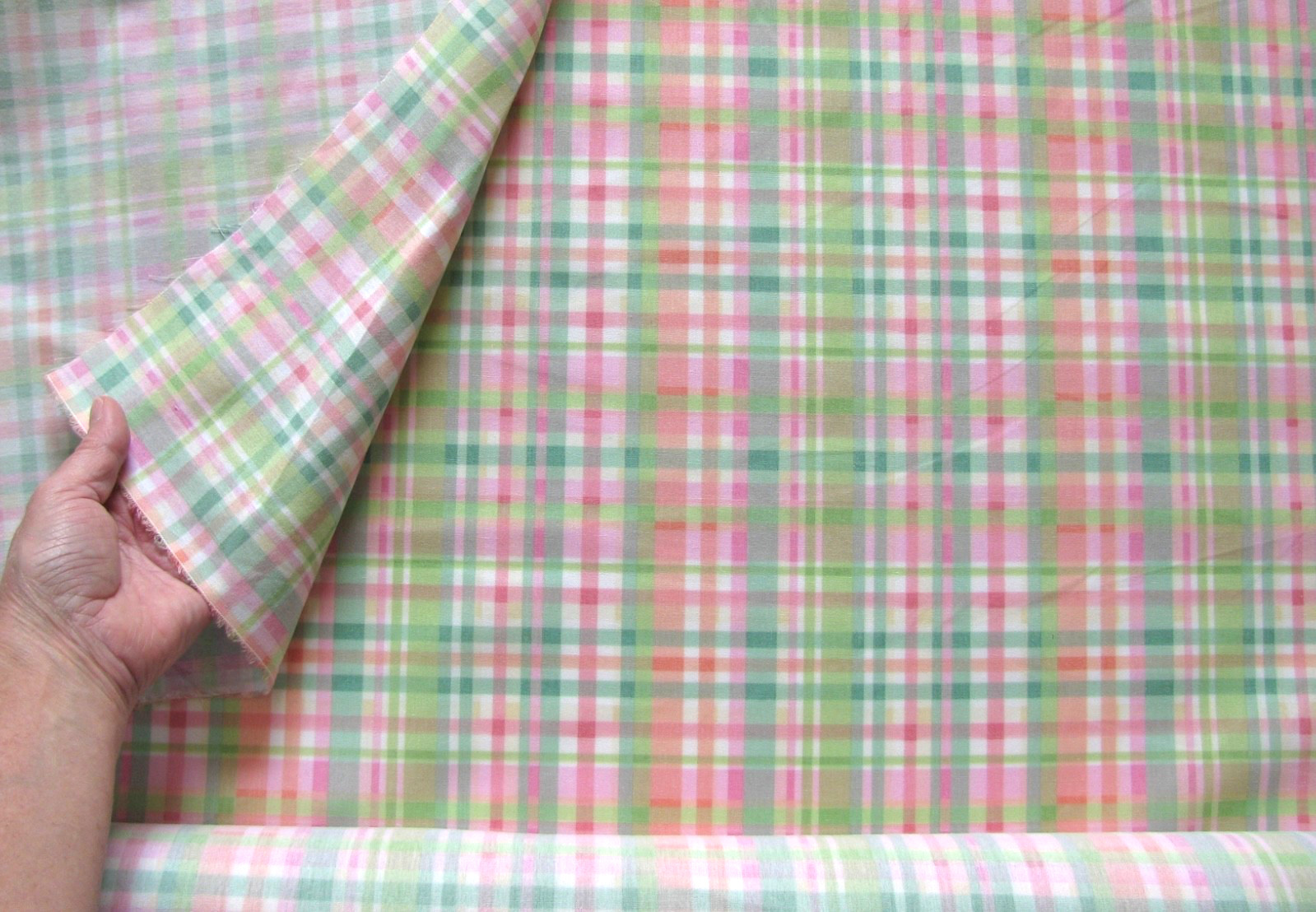 7 Yards Pastel Sherbet Plaid Fabric Sherbert Orange Green Pink White 55″ Wide