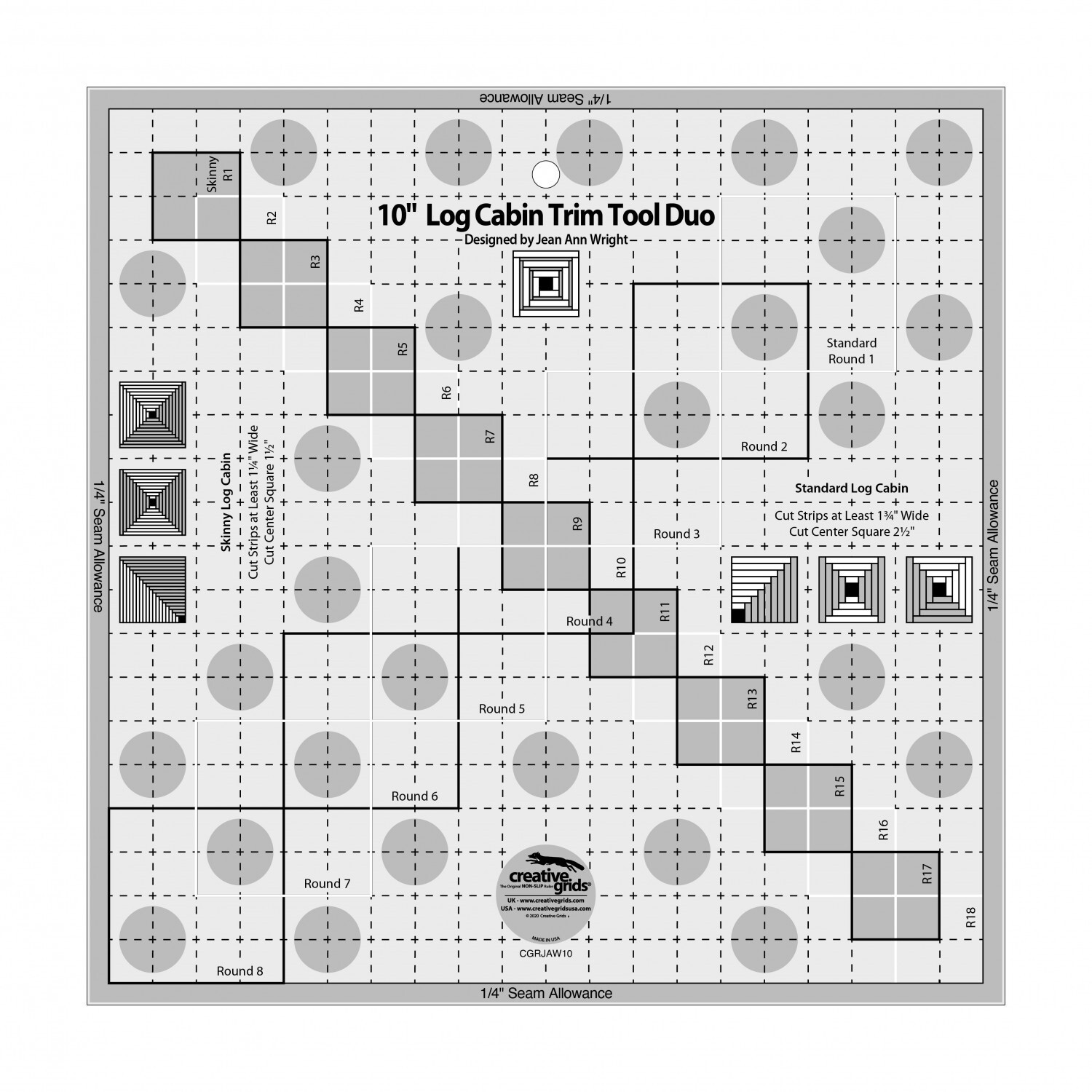(US Seller) Creative Grids 10in Log Cabin Trim Tool Duo Quilt Ruler CGRJAW10