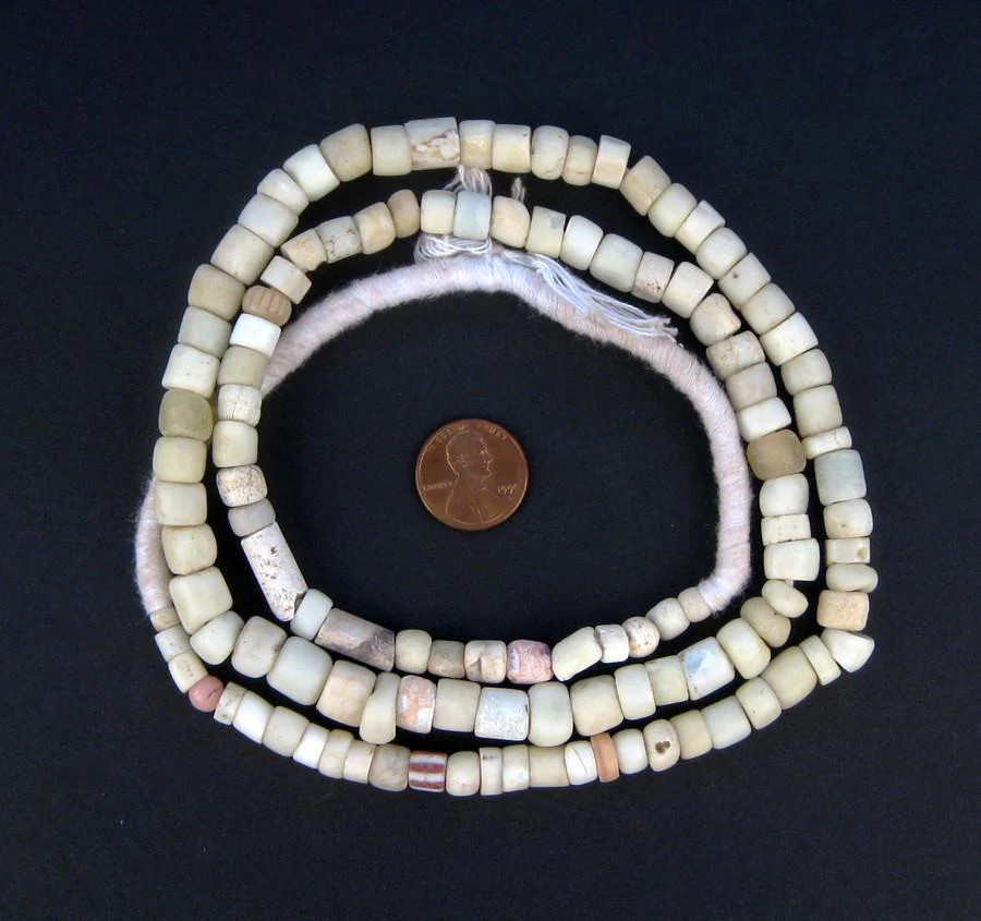 Antique White Green Heart Beads 8mm Ghana African Cylinder Glass Large Hole
