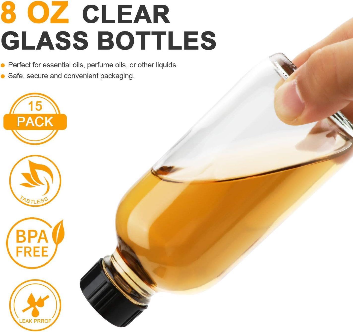 8Oz Clear Glass Bottles, 20 Pack Glass Storage Bottles with Black Lids (20 Label