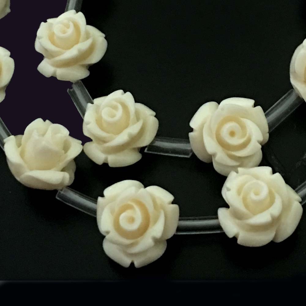 10mm Ivory White Synthetic Coral Shell Rose Flower Beads (12pc)