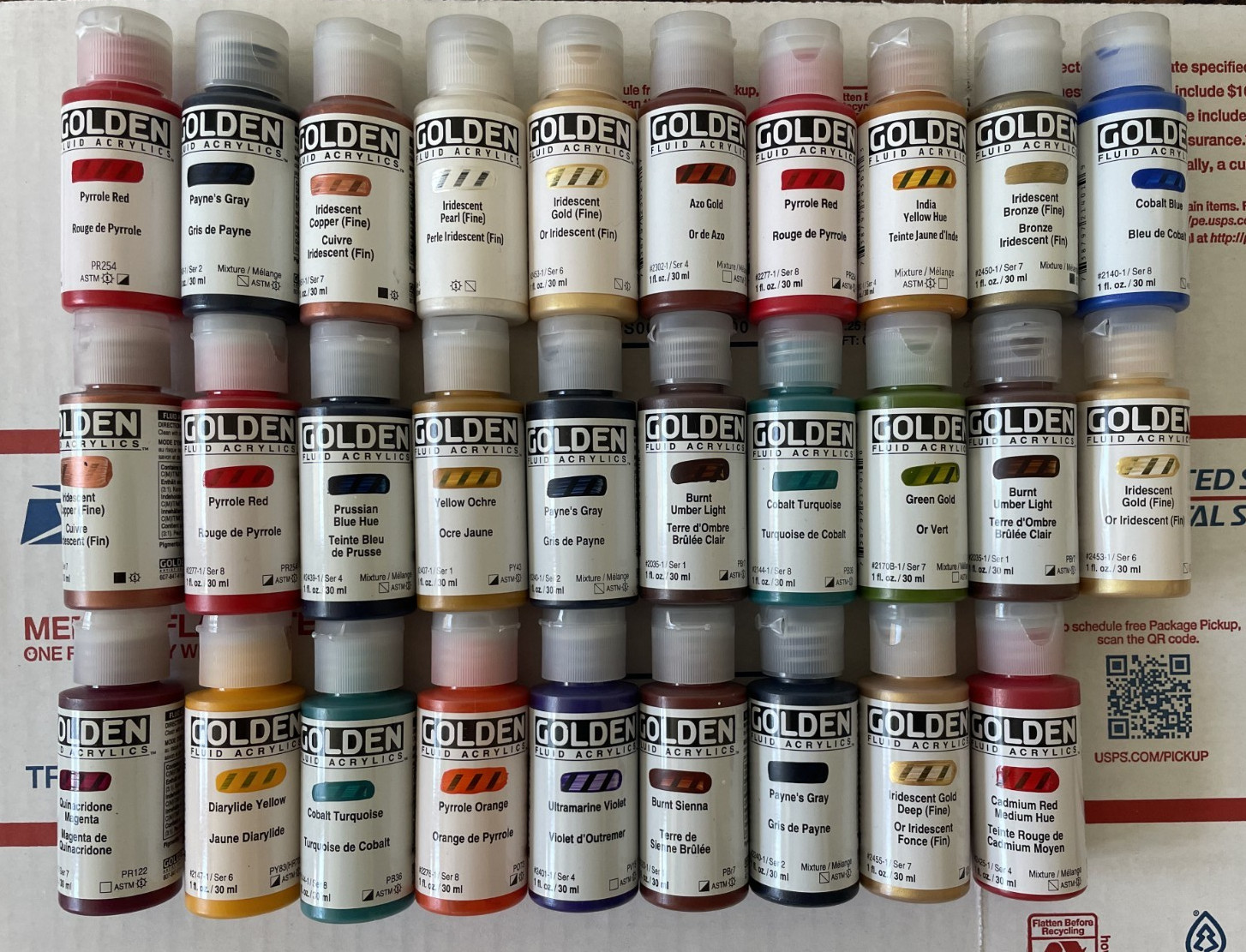 Lot of 29 Golden Fluid Acrylics 1 fl oz. / 30 ml High Series Paint Bottles – NEW