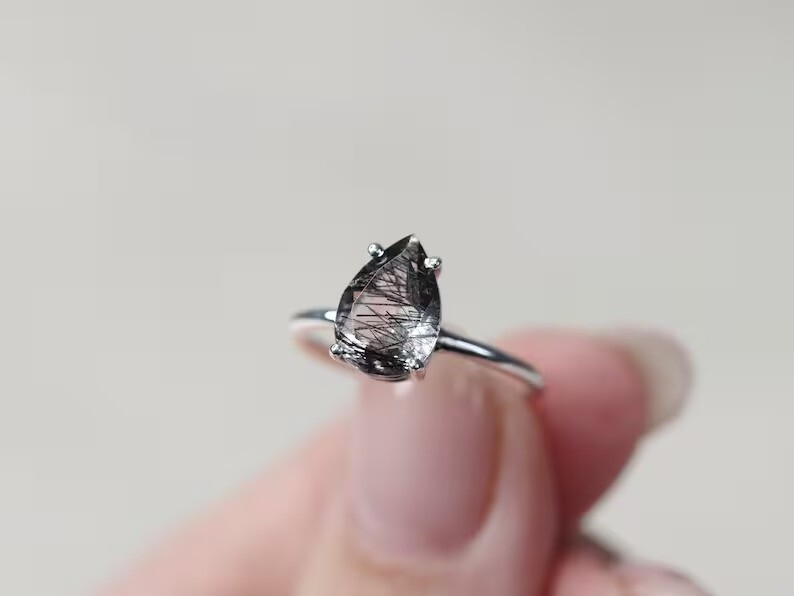 Pear Shaped Black Rutile Quartz Ring – Minimalist Silver Ring for Her
