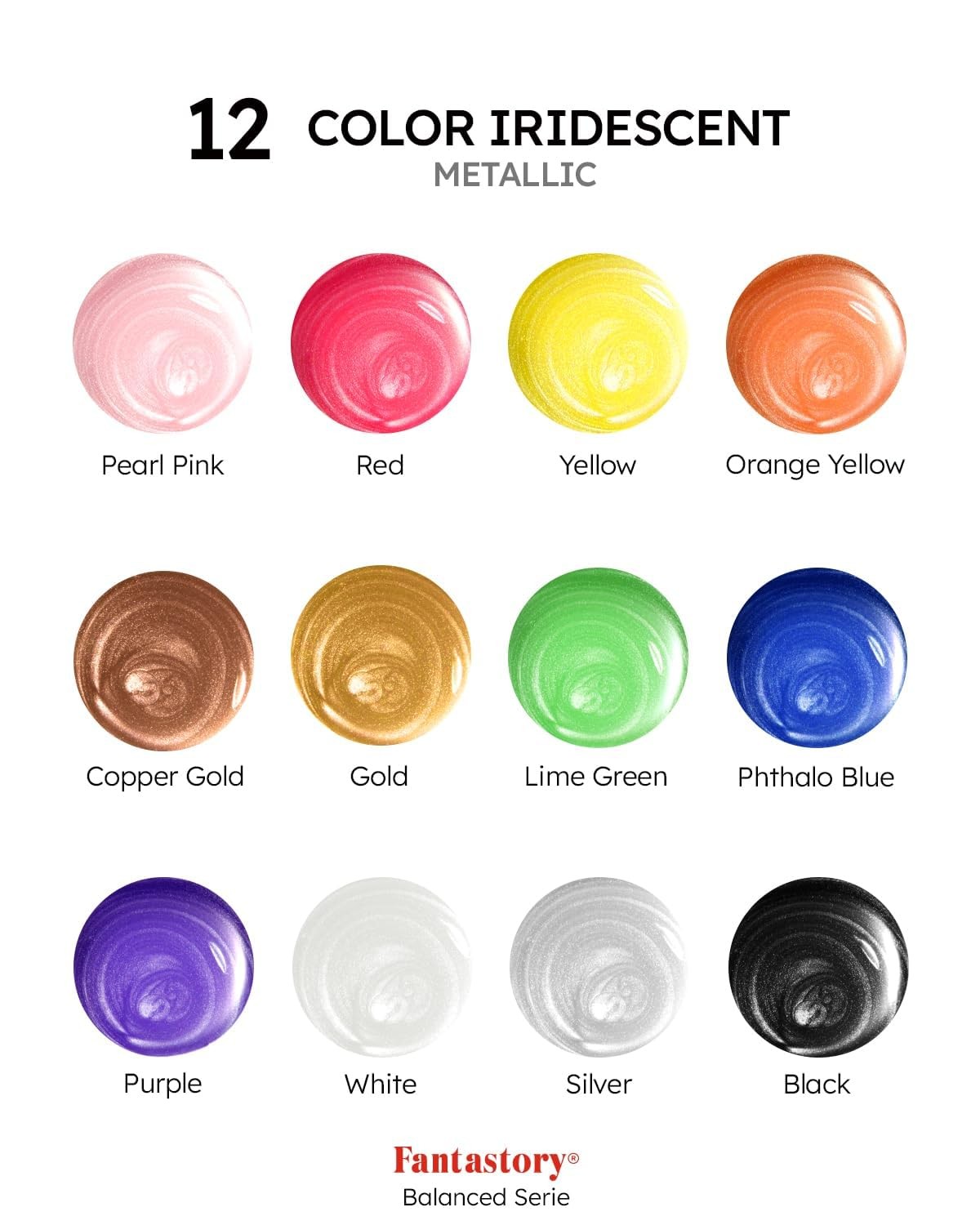 12 Color Balanced Metallic Iridescent Acrylic Paint Set with 12 Brushes