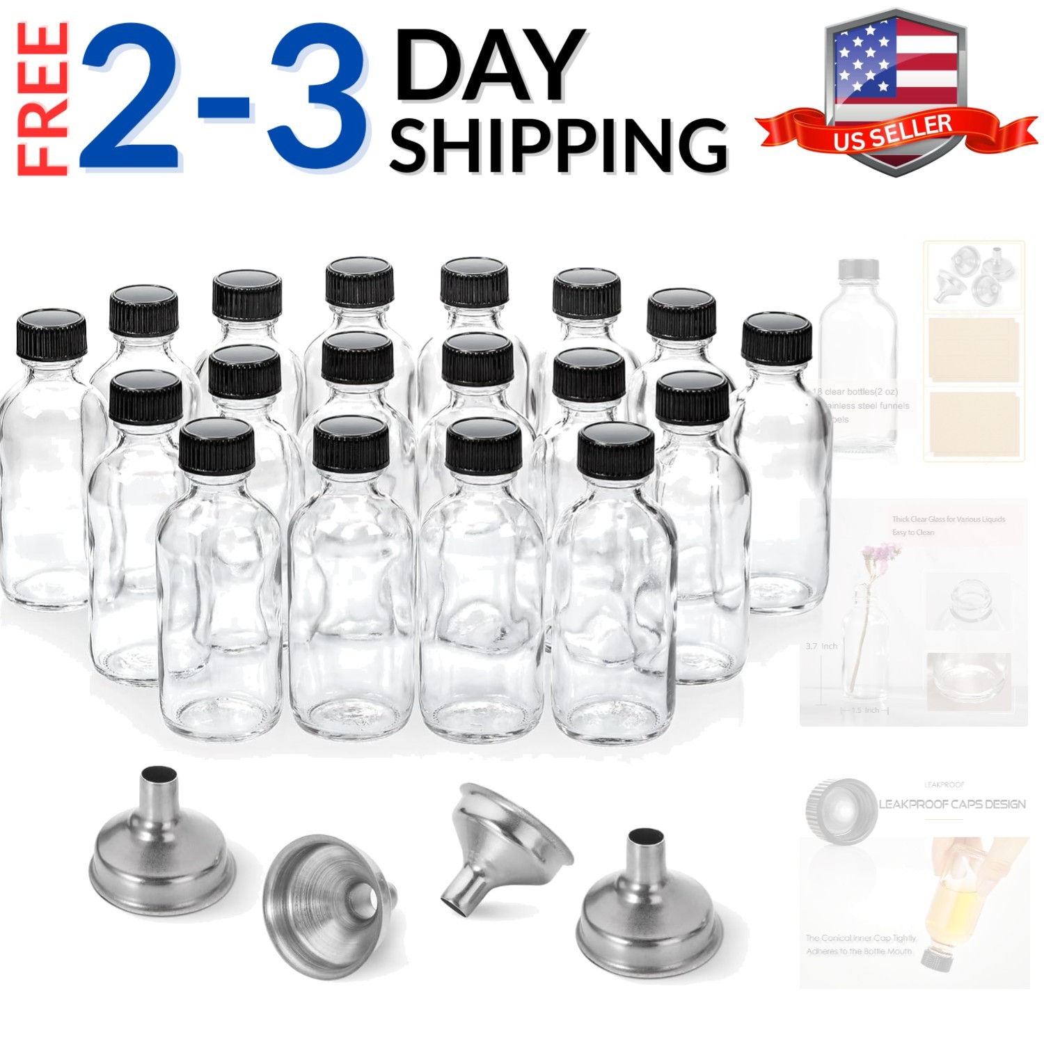 18 Pack, 2 oz Small Clear Glass Bottles w/Lid & 4 Stainless Steel Funnels – 6…