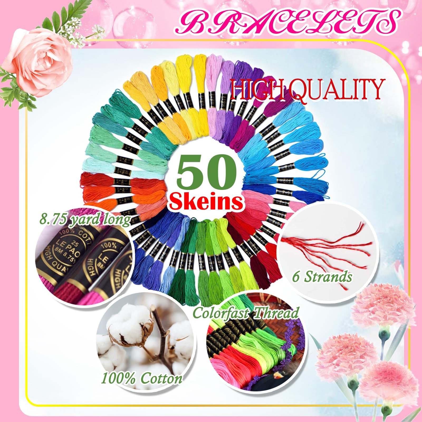 Friendship Bracelet String 50 Skeins 1 Pack, vibrant rainbow color
