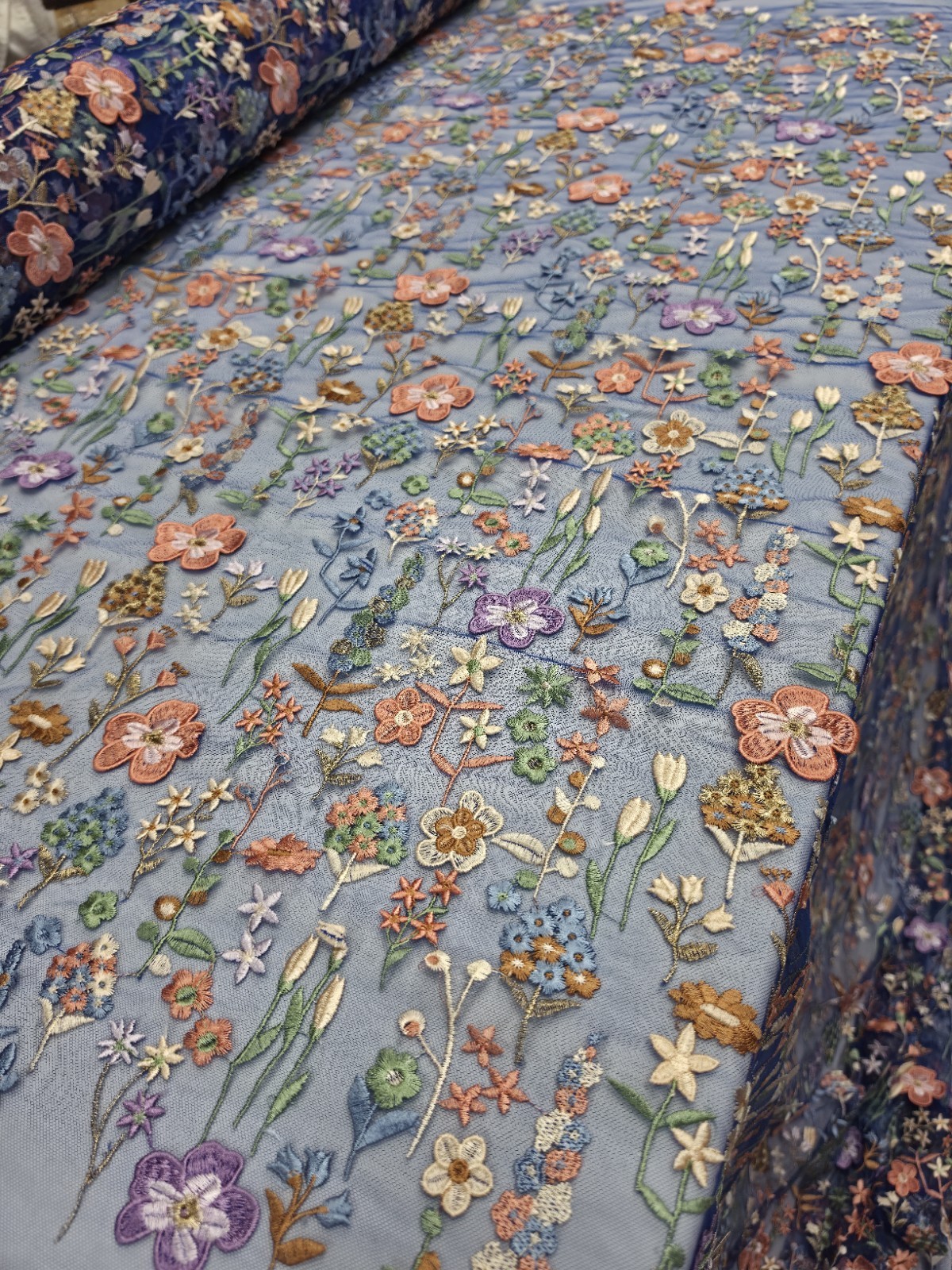 Royal Blue Lace Fabric Sold By The Yard Multicolor Embroidery 3d Floral