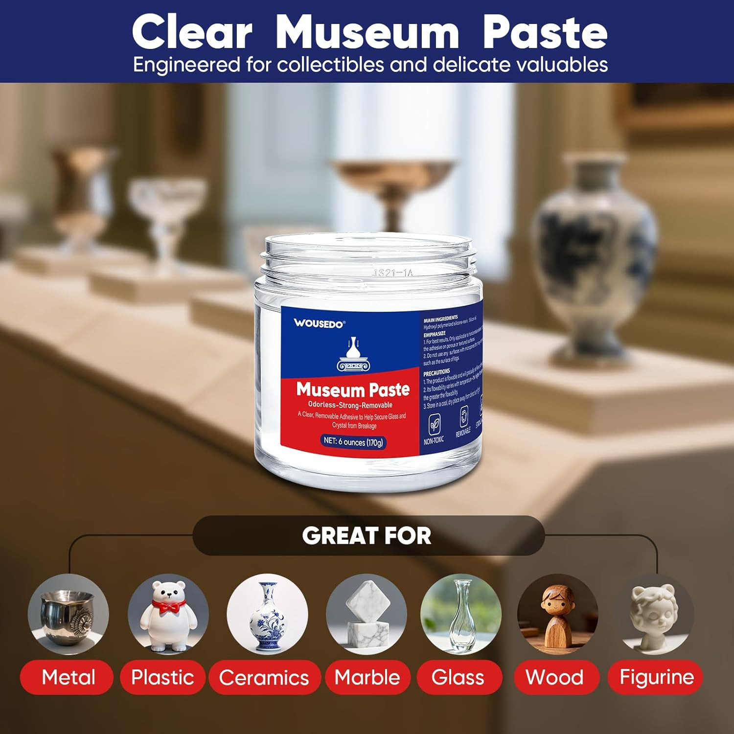 6 Oz Museum Putty, Clear Removable Gel Wax – Reusable Mounting Paste for Exhibit