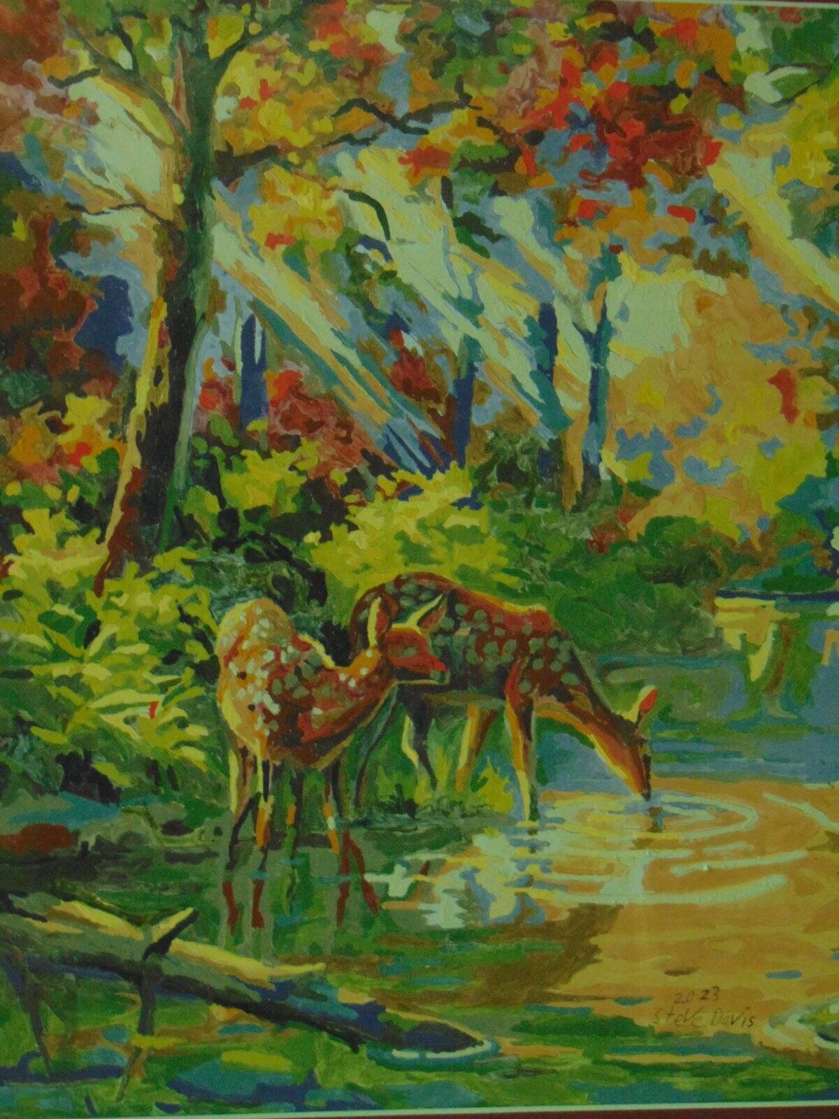 FRAMED DEER PAINT BY NUMBER signed Steve Davis custom wood frame matte & glass