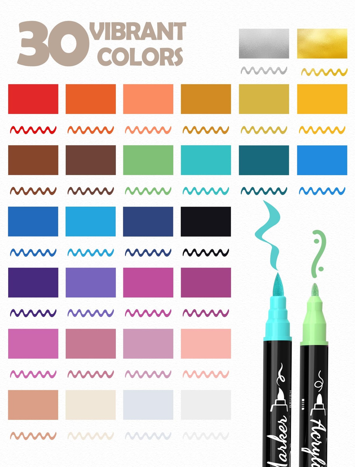 TOSHARE 30 Colors Dual Tip Acrylic Paint 1 Count (Pack of 30), Multicolor