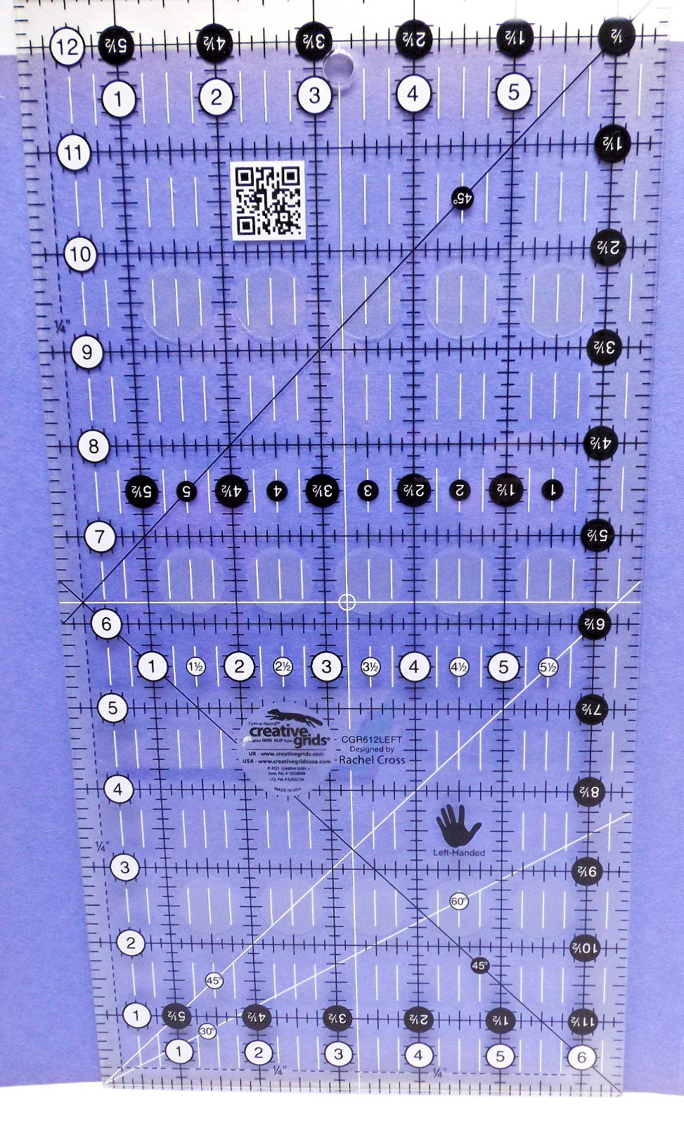 CREATIVE GRIDS 6.5″ x 12.5″ RULER Quilting, Non Slip, CGR612LEFT. Rachel Cross.
