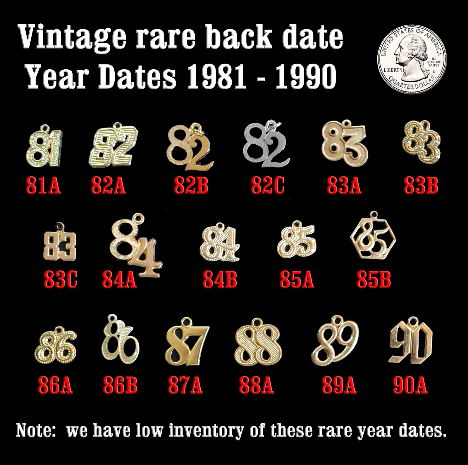 Vintage Back Date Graduation Gold Metal YEAR DATE Charms for Tassels (1981-1990)