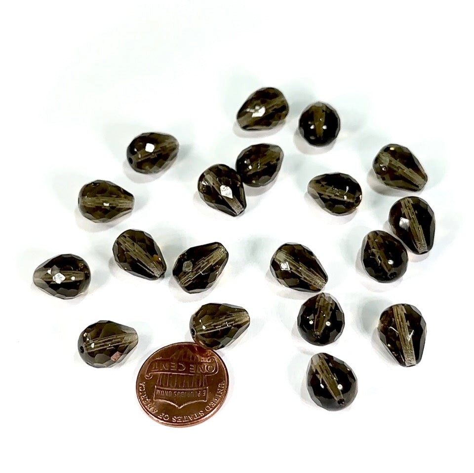 Czech Glass Pear Shaped Fire Polished Beads 13x10mm Smoked Topaz Tear Drops 12pc