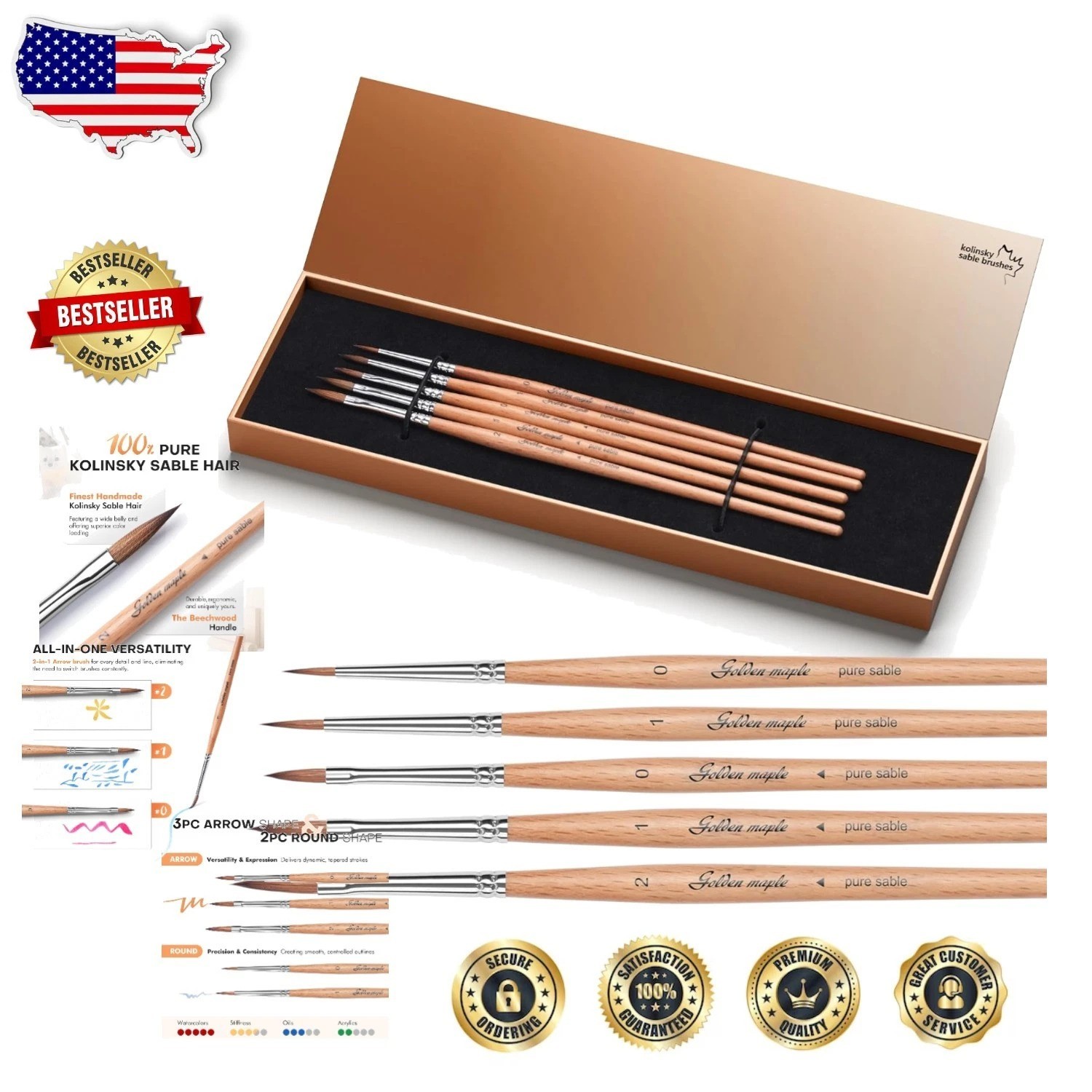 Professional Kolinsky Sable Miniature Brushes 5PC Arrow Point Detail