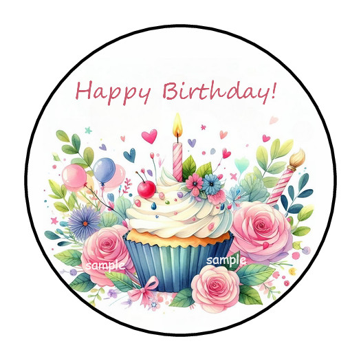 30 HAPPY BIRTHDAY CUPCAKE ENVELOPE SEALS STICKERS LABELS TAGS 1.5″ ROUND FLORAL