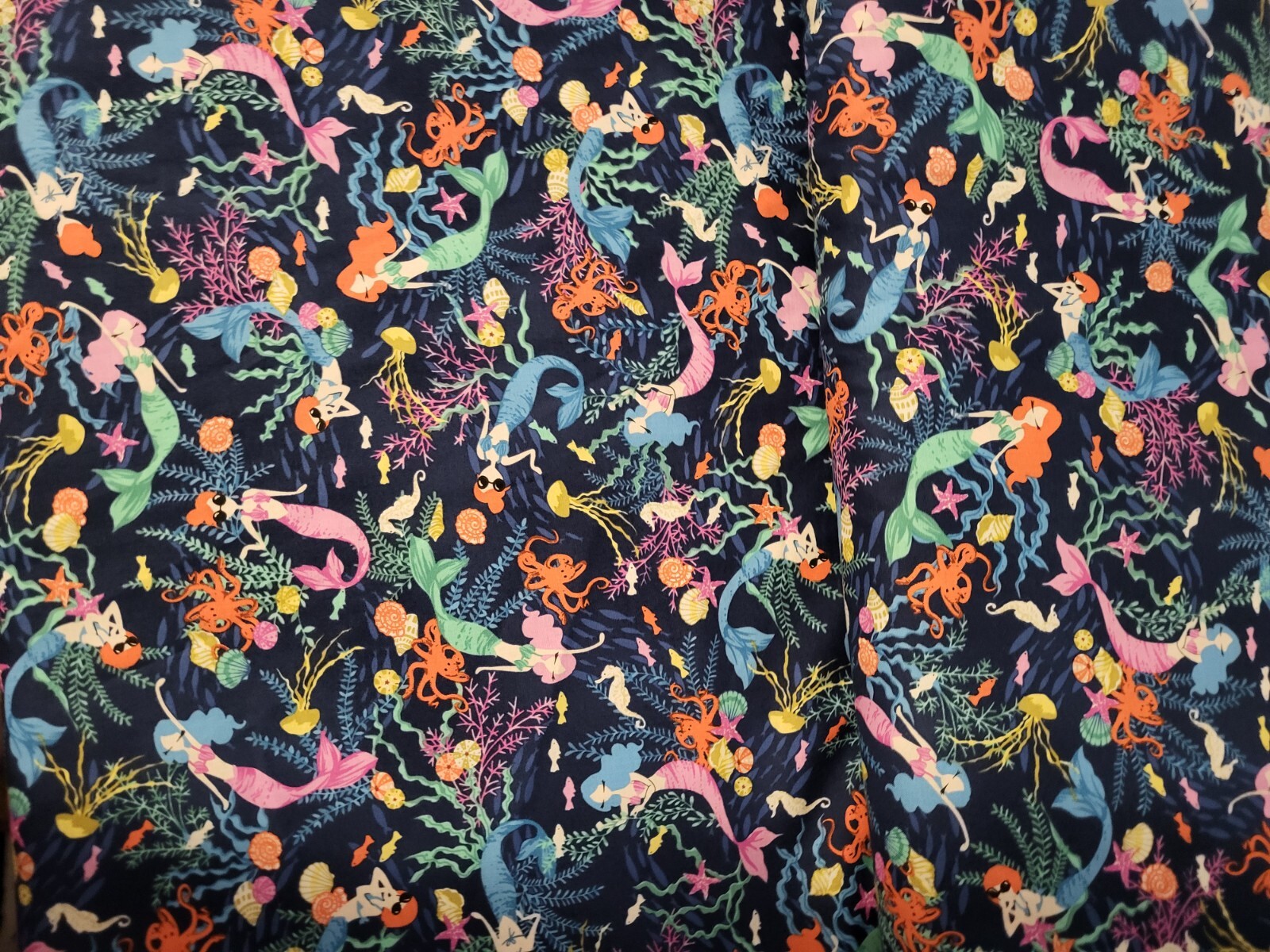 Mermaids sea life Studio E cotton quilting fabric bty navy bl bkgrd colorful FS