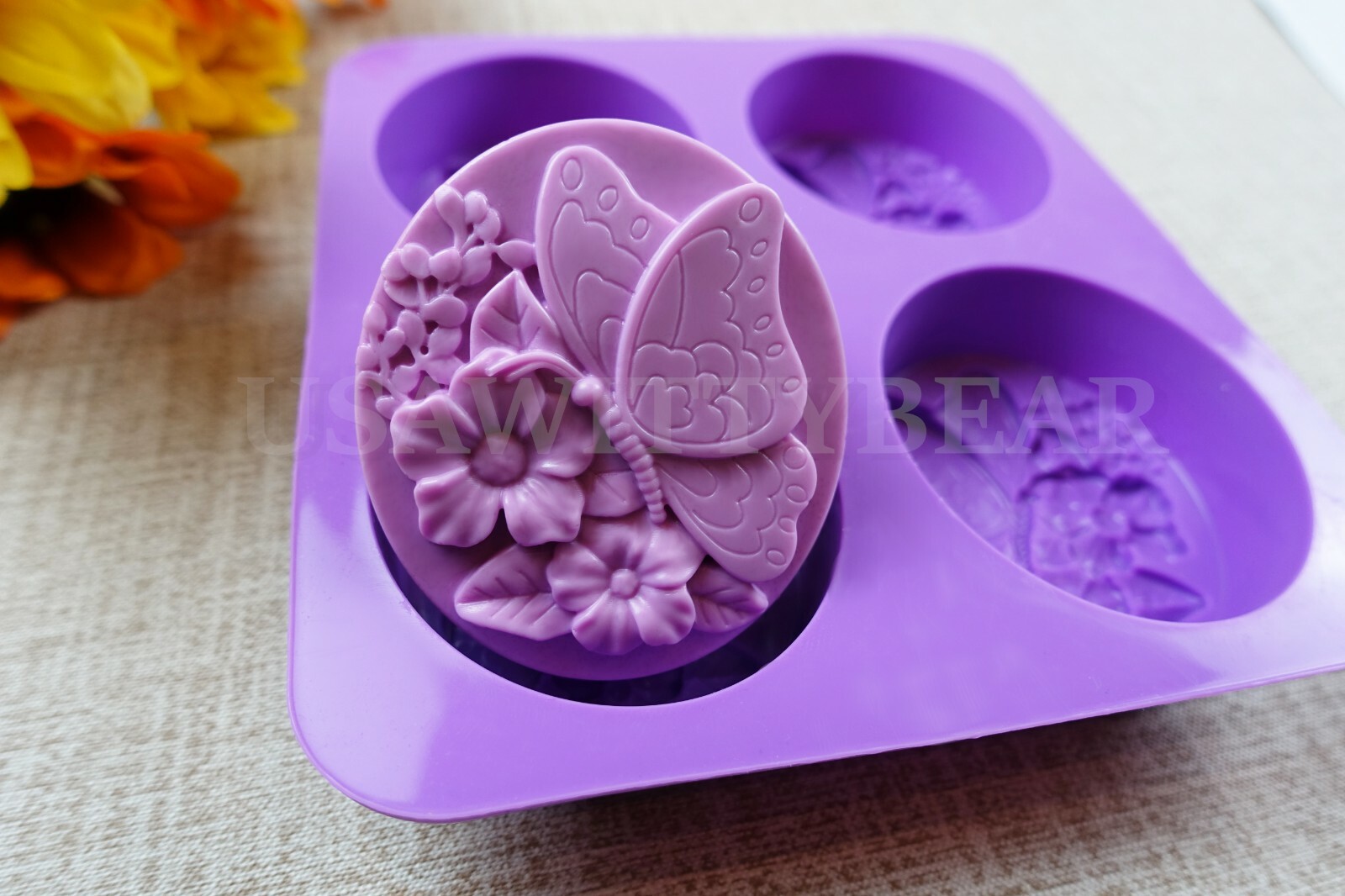 DIY 4-Cavity Butterfly Flower Oval Silicone Handmade Soap Candle Mold US Seller