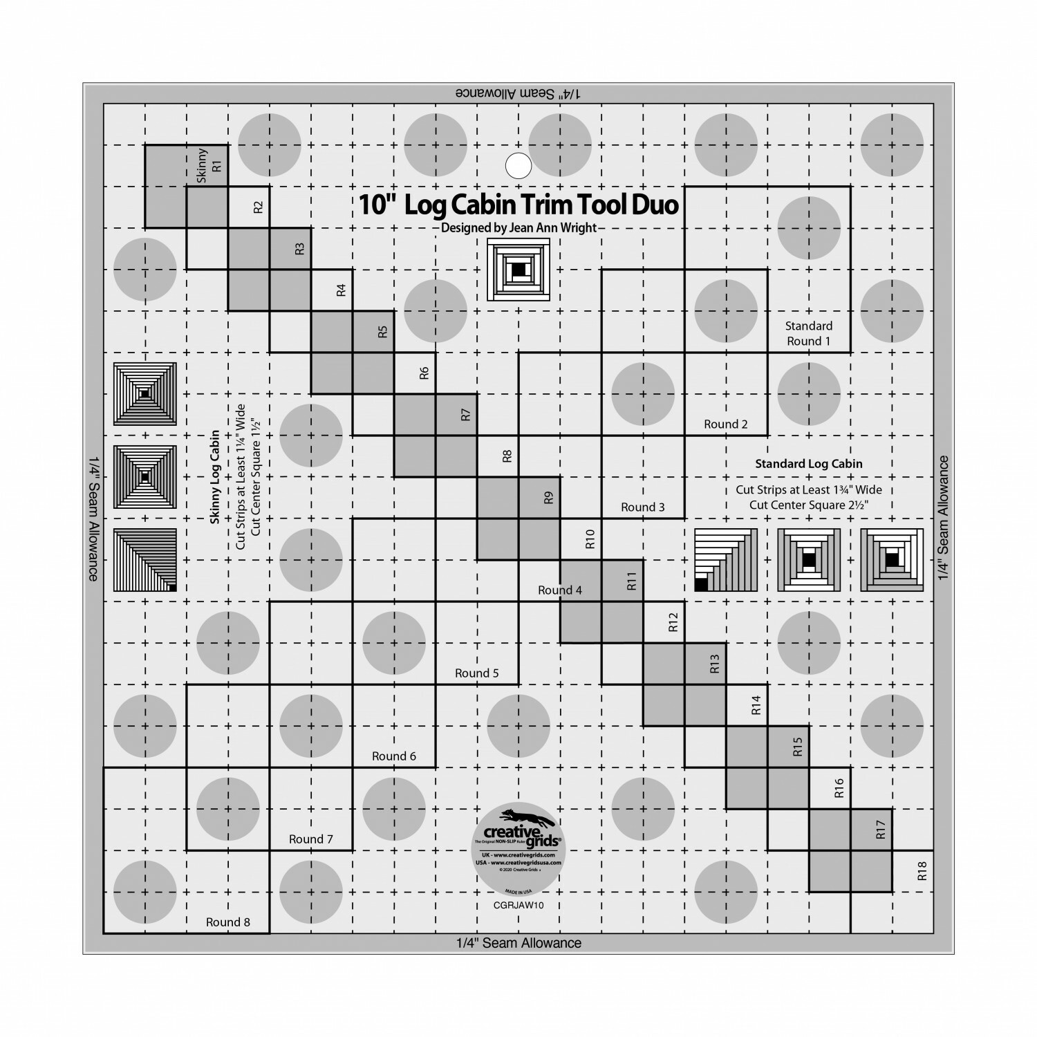 Creative Grids 10″ Log Cabin Trim Tool Duo + Free Quilt Pattern 10 1/2″X10 1/2″