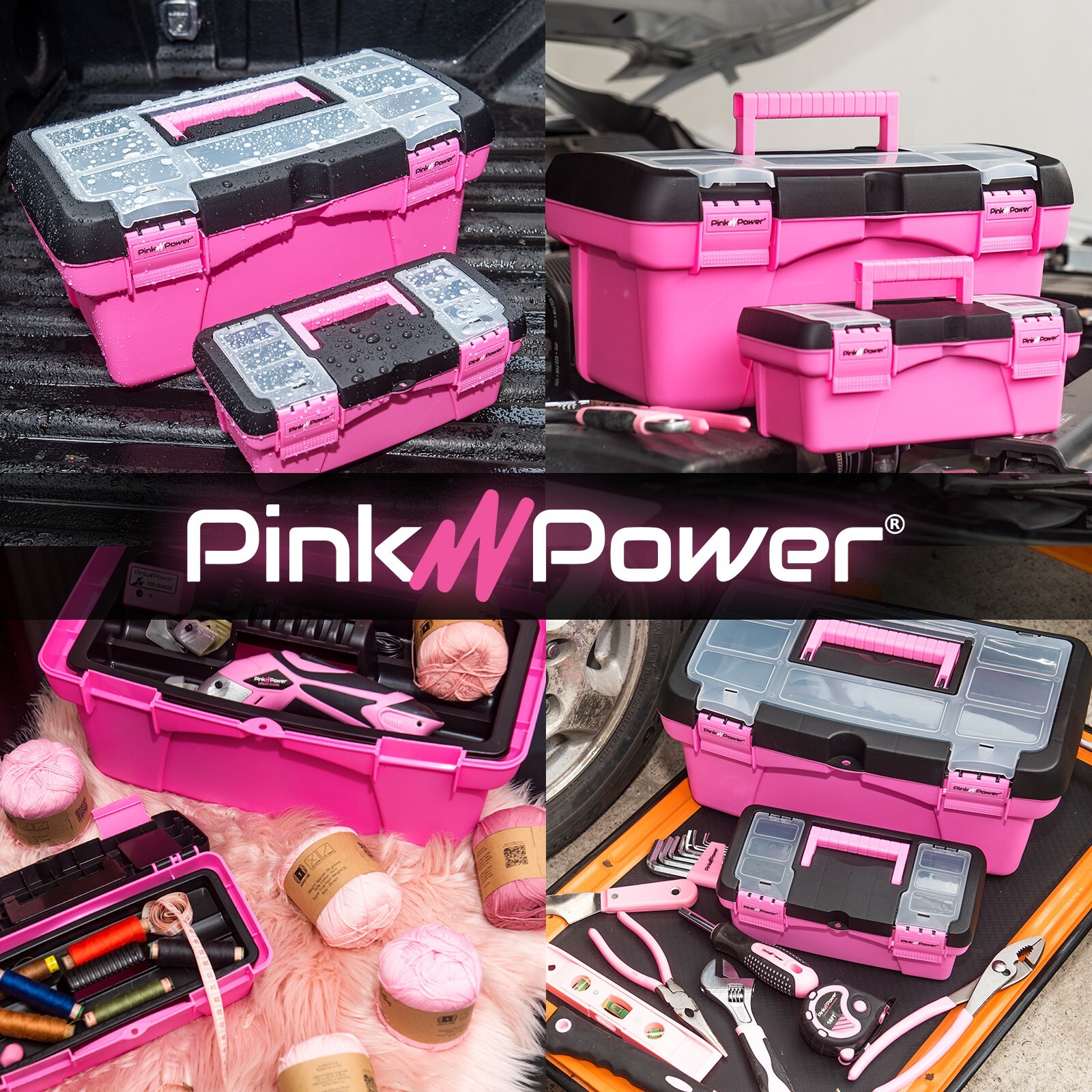 Pink Power Pink Plastic Tool Box for Women – 16″ & 10″ Portable
