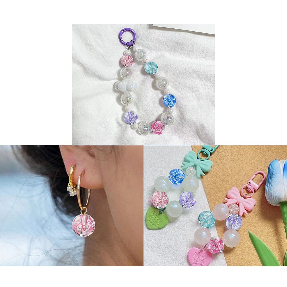 50pcs 15.5mm UV Plating Transparent Acrylic Beads with Flower for DIY Jewelry