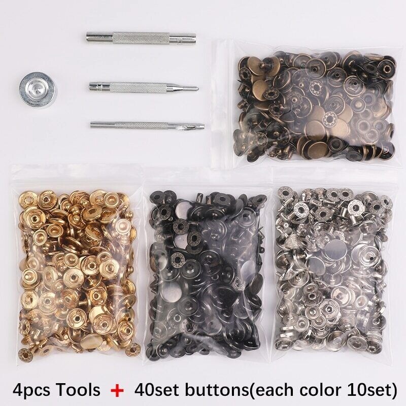 Leather Snap Fasteners Kit 10/12/15mm Brass Button Snaps Press Studs With 4 Tool