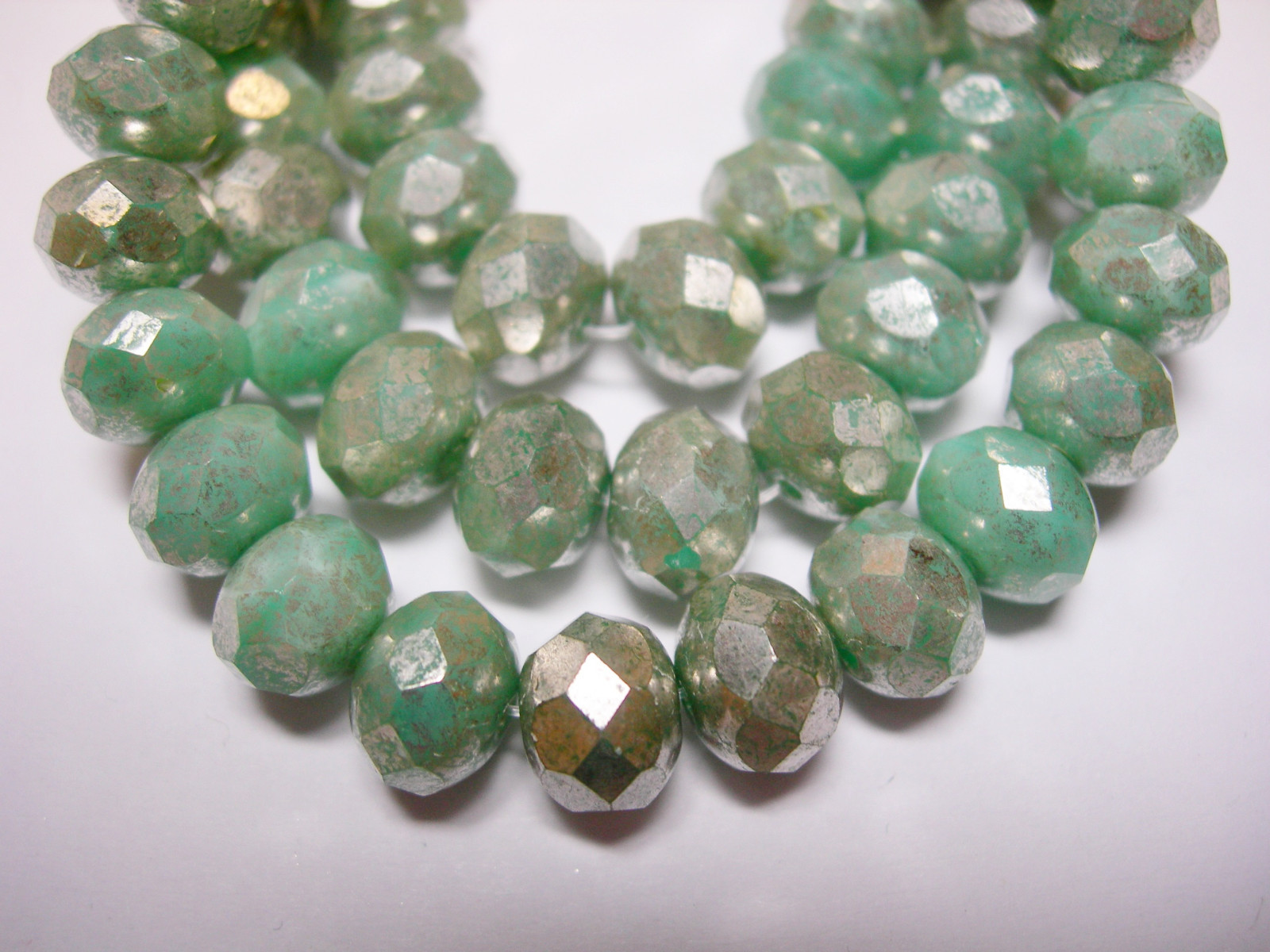 25 beads – 8x6mm Mint Green with Silver Wash Czech Firepolished Rondelle beads